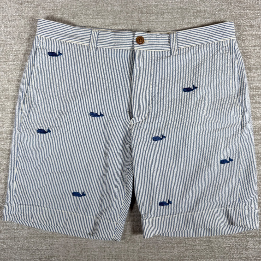 J. Crew Gramercy Shorts Mens 33/8 Blue White Whale Embroidered Seersucker